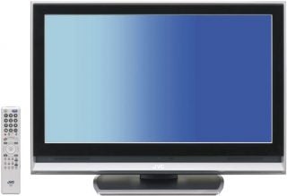 JVC LT-26DX7BJ 26-inch LCD television with a silver bezel, black speakers, and a matching remote control.