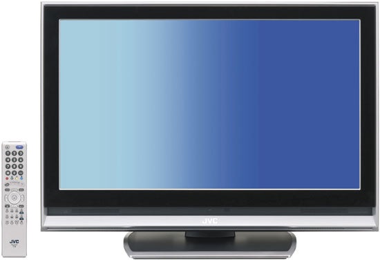 JVC LT-26DX7BJ 26-inch LCD television with a silver frame and black speakers, accompanied by a matching remote control to the left of the TV.
