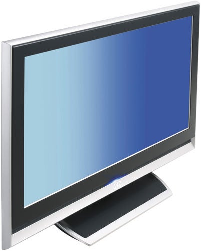 JVC LT-26DX7BJ 26-inch LCD TV with a silver frame and stand displaying a blank blue screen.