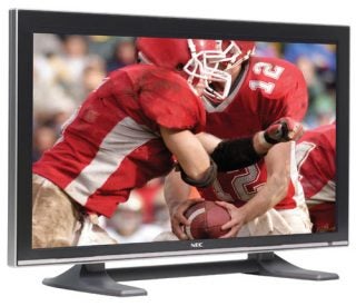 NEC PlasmaSync 42XR4 42-inch Plasma Screen displaying a vivid football game with a player in a red jersey carrying the ball.ss
