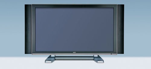 NEC PlasmaSync 42XR4 42-inch plasma screen on a pair of silver stands with a black bezel and the NEC logo centered below the screen, against a light blue background.