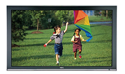 NEC PlasmSync 42XR4 42-inch plasma screen displaying a vibrant image of two children running with a colorful kite on a grassy field.