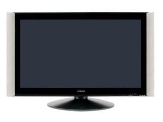 Hitachi 42PD9700 42-inch plasma television with black screen, silver bezel, and swivel stand.