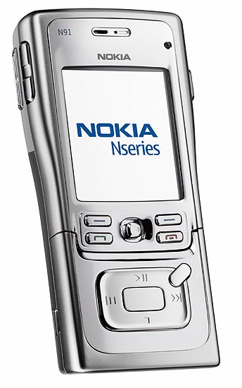 Nokia N91 4GB mobile phone displayed vertically with the slide closed, showcasing the screen with Nokia Nseries branding, front camera, navigational buttons, and numeric keypad.