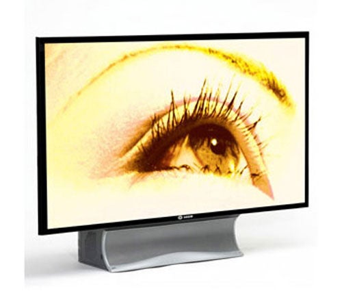 Sagem Axium HD-D56B 56in DLP TV displaying close-up eye image.