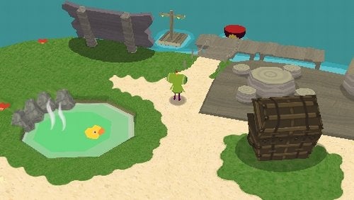Screenshot from the video game Me and My Katamari showing the main character standing on a beach near a small pond, with a wooden barrel and other objects scattered around.