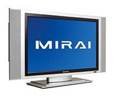 Mirai T27004 27-inch LCD TV with silver bezel on a stand displaying the Mirai logo on the screen.
