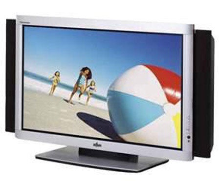 Fujitsu P42HTA51ES 42-inch plasma TV on a stand displaying a vibrant beach scene with two children playing and a large beach ball in the foreground.