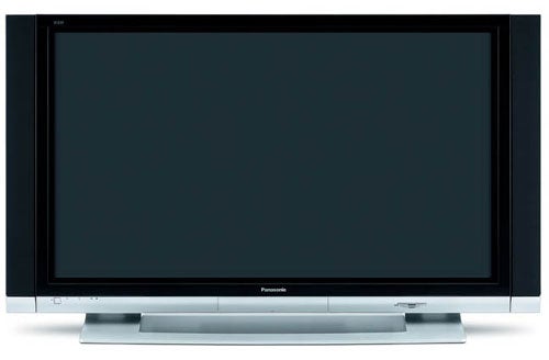 Panasonic TH-65PV500B 65-inch plasma TV displaying a blank screen, with the brand logo visible on the bottom bezel, positioned on a silver stand against a white background.