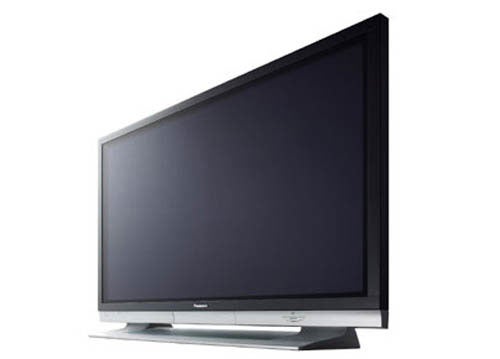 Panasonic TH-65PV500B 65-inch plasma TV with a black screen and silver stand on a white background.