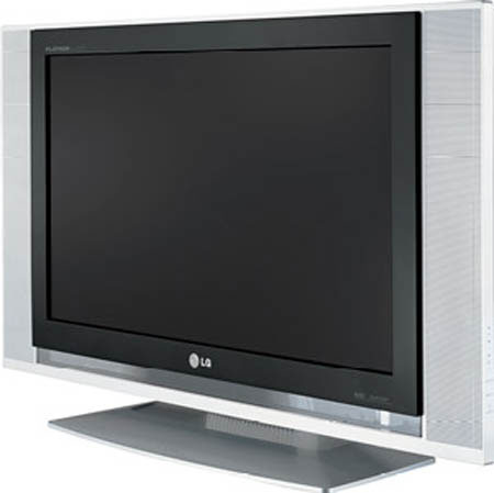 LG RZ-32LZ55 32-inch LCD TV with silver frame and stand, showcasing a black screen and LG logo on the bottom bezel.