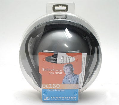 Sennheiser PC160 stereo headset in original packaging with the slogan 'Believe what you hear' displayed on the box.
