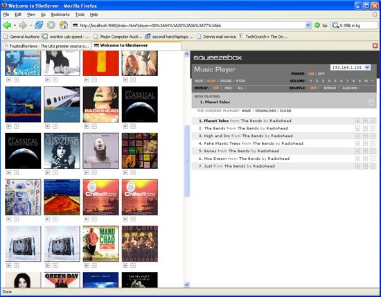 Screenshot of SlimServer software interface for the Slim Devices Squeezebox, displaying a web browser with music library and a playlist featuring Radiohead songs.