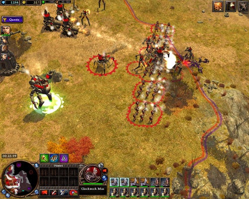 Screenshot from the real-time strategy game Rise of Legends showing a battle scene with various mechanical units and a user interface displaying resources and unit selection.
