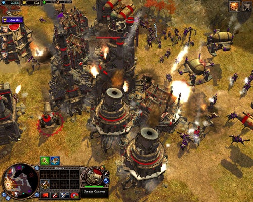 Screenshot from the video game Rise of Legends showing an intense battle scene with various units and structures, fire effects, and the game's user interface, including a minimap and resource counters.