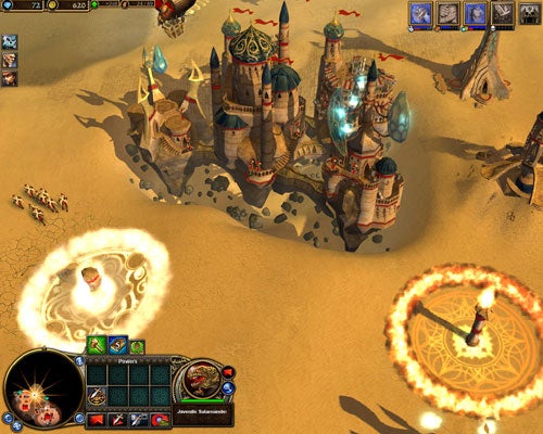 Screenshot of Rise of Legends video game showing a player's user interface and a sand-colored battlefield with magical structures and spells being cast.