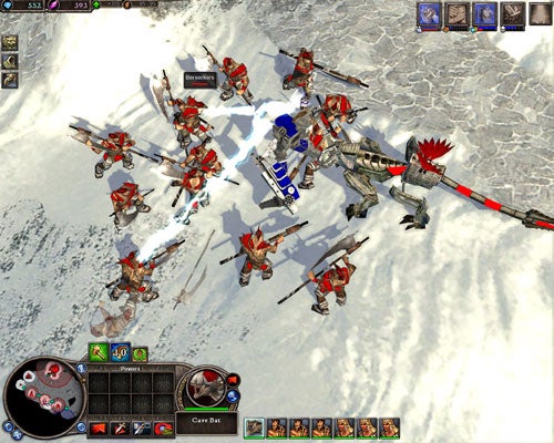 Screenshot from the video game Rise of Legends showing a battle scene with a mixed unit of mechanized walkers and fantasy creatures on a snowy landscape, with the game's interface visible.