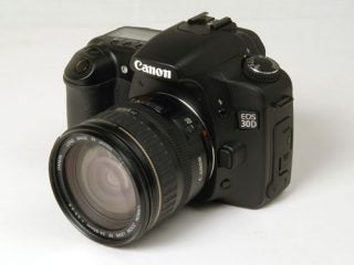 Canon EOS 30D digital SLR camera with lens attached, displayed on a white background.