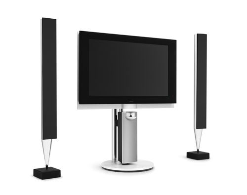 B&O BeoVision 7-40 40-inch LCD TV displayed with matching floor-standing speakers on either side against a white background.