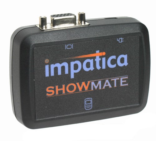 Black Impatica ShowMate device with logo displayed on screen against a white background.