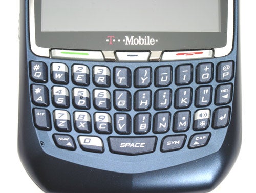 T-Mobile BlackBerry 8700 smartphone showcasing a full QWERTY keyboard, screen, and the T-Mobile logo on the top.