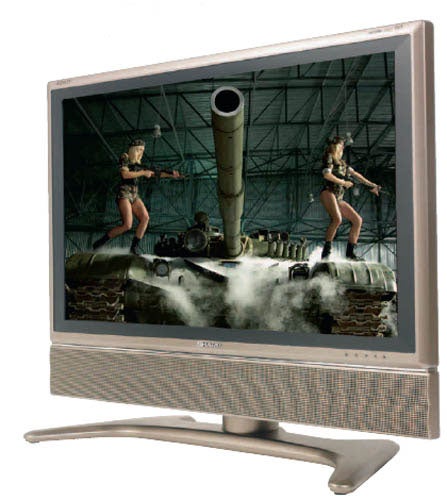 Sharp LC-32GA6E 32-inch LCD TV displaying an action-packed tank battle image with vivid color representation.