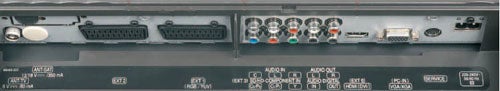 Rear panel of Sharp LC-32GA6E 32-inch LCD TV displaying various input and output ports including HDMI, VGA, and audio connectors.