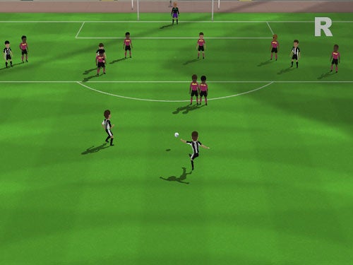 Screenshot from the video game Sensible Soccer 2006 showing a top-down view of a soccer match with players in black and white kits against a team in red and black kits.