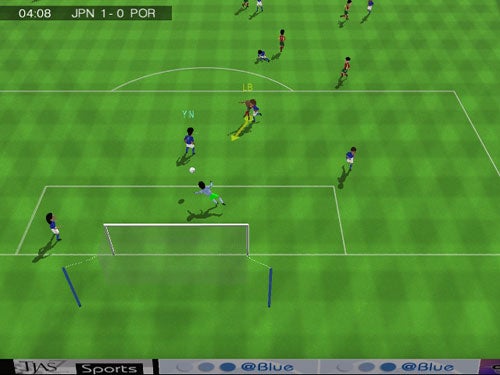 A screenshot from Sensible Soccer 2006 showing a match in progress with Japan leading 1-0 against Portugal, game clock at 4:08, viewed from a top-down perspective.