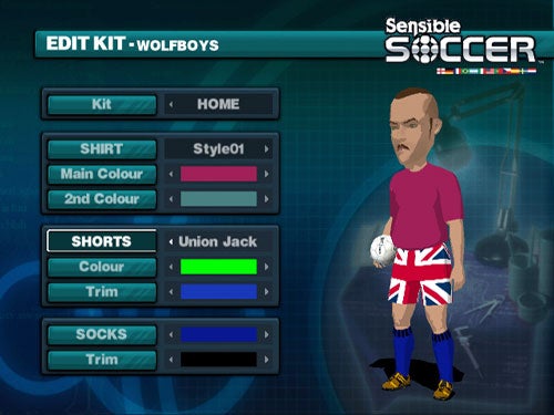 Screen capture of the 'Edit Kit' feature in Sensible Soccer 2006 video game showing customisation options for a character's soccer kit with a Union Jack design on the shorts.