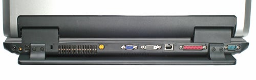 Rear view of an Acer Aspire 9800 20-inch notebook showing various ports including USB, VGA, Ethernet, and others.
