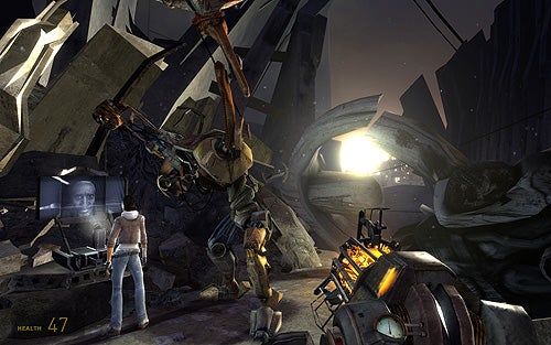 Screenshot from the video game Half-Life 2: Episode One featuring a player character holding the gravity gun, standing next to an NPC ally, with a large robotic Dog character in a destroyed urban environment.