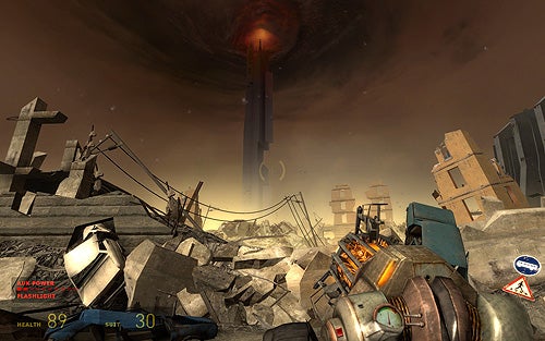 Screenshot from the video game Half-Life 2: Episode One showing a first-person perspective of the player character's hand holding the iconic gravity gun with a devastated urban landscape and a massive dark portal in the sky in the background. The game's heads-up display indicates the player's health at 89 and suit charge at 30.