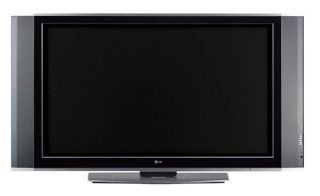 LG 42PX5D 42-inch plasma television, featuring a widescreen display with a black frame, silver speakers on each side, and a matching tabletop stand.