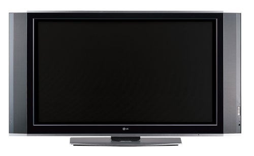 LG 42PX5D 42-inch plasma television, featuring a widescreen display with a black frame, silver speakers on each side, and a matching tabletop stand.