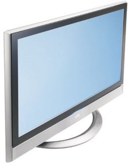 JVC LT-40DS7BJ 40-inch LCD TV with a silver bezel and matching circular stand, displaying a blank blue screen.