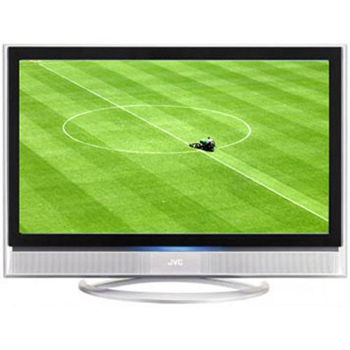 JVC LT-40DS7BJ 40-inch LCD TV displaying a vibrant football field with a soccer ball in the center, placed on a sleek stand with the JVC logo visible below the screen.