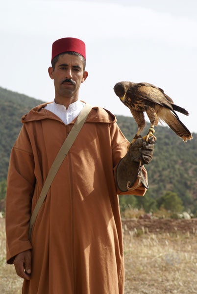 Man in traditional attire holding a bird of prey.