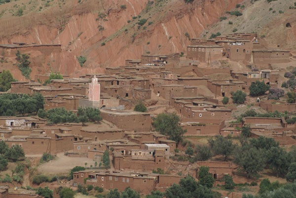 Earthen buildings of a village with a prominent pink tower.
