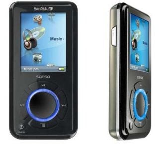 Front and side views of a SanDisk Sansa e260 MP3 player with a color screen, navigation wheel, and menu button.