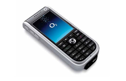 O2 Xda IQ smartphone with a black keypad and silver casing, displaying the O2 logo on the screen against a dark background.