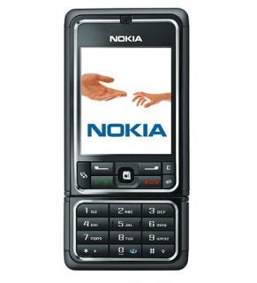 Nokia 3250 mobile phone displayed vertically with screen showing and keypad extended downwards. The screen displays Nokia's logo of two hands reaching towards each other.