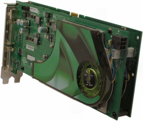 NVIDIA GeForce 7950 GX2 graphics card with dual PCBs, showing the fan, heatsink, and connectivity ports.