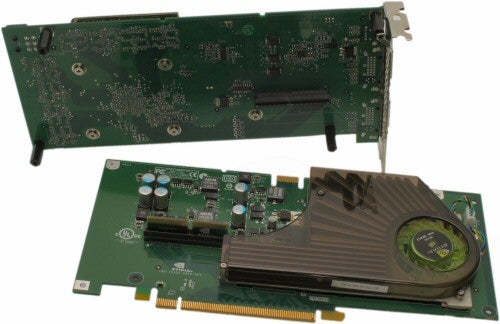 NVIDIA GeForce 7950 GX2 graphics card disassembled into two PCBs showing the GPU heatsink, fan, and memory chips.