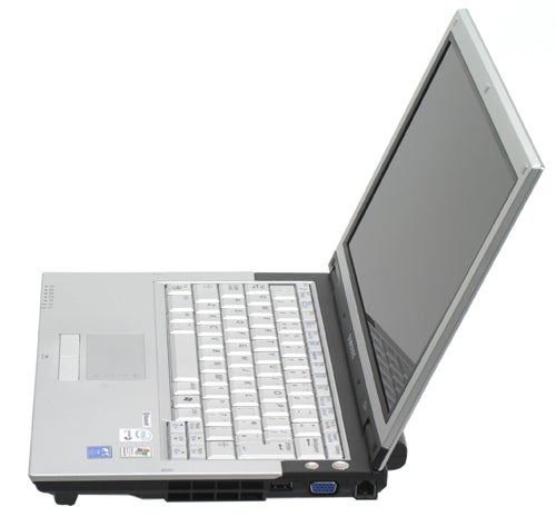 Samsung Q35 ultra-portable notebook with a silver case, white keyboard, and screen displayed at an oblique angle to the camera.