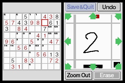 Split-screen image from Dr. Kawashima's Brain Training game with a Sudoku puzzle on the left and a handwriting exercise with the number two on the right, including game interface buttons such as Save & Quit, Undo, Zoom Out, and Erase.