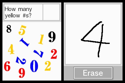 Screenshot of a number counting exercise from Dr. Kawashima's Brain Training game showing a puzzle question 