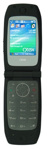 A Qtek 8500 Windows Mobile 5 Smartphone open to display its screen and keypad, featuring a blue wallpaper with icons for messaging, calendar, and Internet Explorer on the screen, set against a white background.