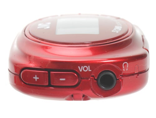 Red JVC Alneo XA-F57 MP3 player showing volume control buttons and headphone jack.