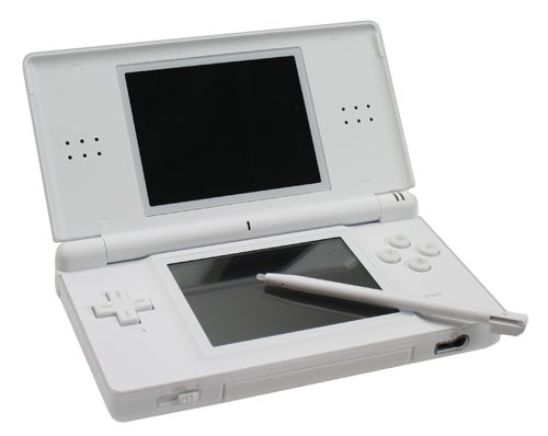 Nintendo DS Lite handheld console in white, open with a stylus on the lower touch screen, against a white background.